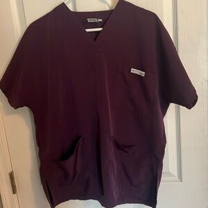Crazy Scrubs maroon silky 3pocket Vneck scrub top sz XS fits like M